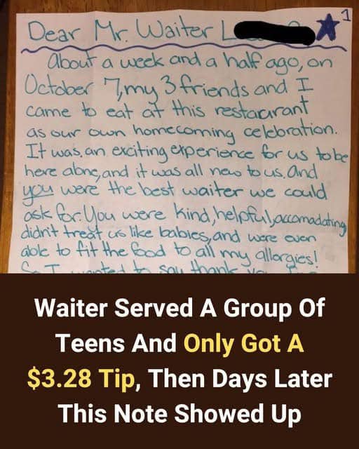 $3.28 tip irritates the waiter. When an unexpected letter arrives days later, eyes widen.