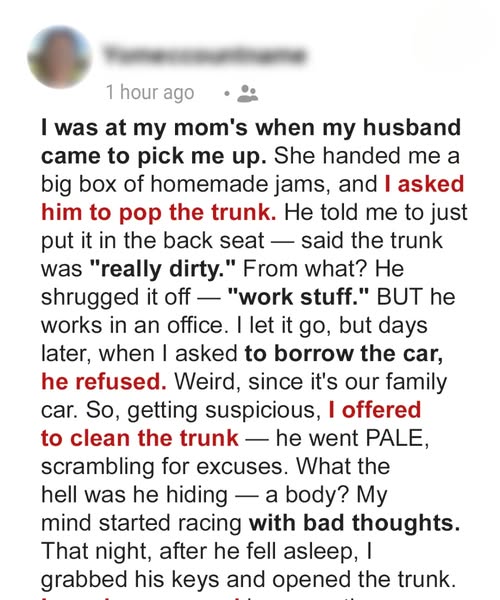 My Husband Didn’t Let Me Open the Car Trunk for Days — When I Finally Did It Late at Night, I Almost Screamed