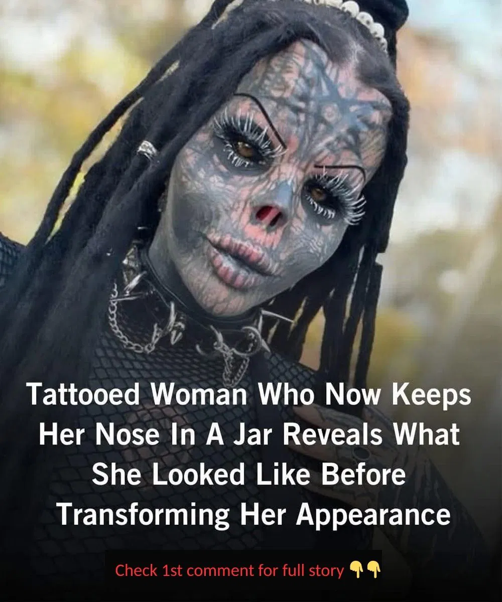 Tattooed woman who keeps her nose in a jar – before and after