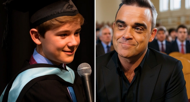 “I Promised, Right?” How Robbie Williams Kept a Promise to a Shy 10-Year-Old Met at a Music Workshop and Showed Up Eight Years Later to the School Graduation That Left an Entire Audience in Tears