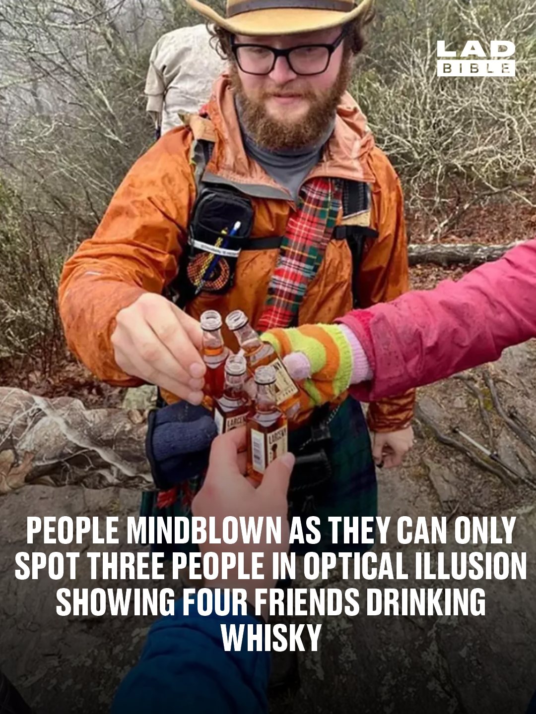 People mindblown as they can only spot three people in optical illusion showing four friends drinking whisky