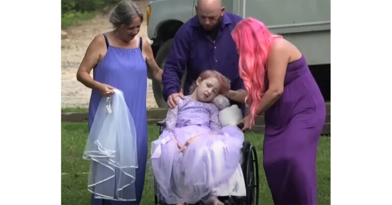 Brave little girl wheeled down the aisle by dad to marry school sweetheart days before passing away