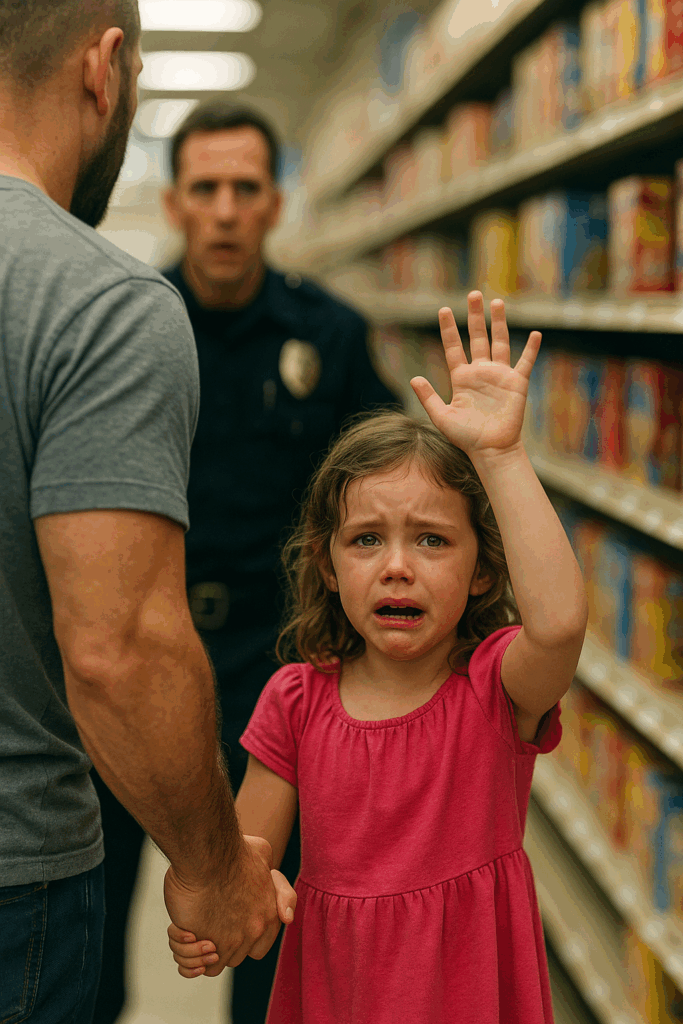The Little Girl Lifted Her Hand With All Five Fingers Spread — But It Wasn’t a Simple Greeting. It Was a Quiet Plea for Help, a Hidden Signal Only a Trained Eye Could Recognize. The Officer’s Expression Changed Instantly — And What Happened Next Was Something No One in the Supermarket Saw Coming