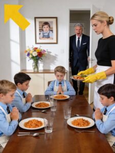 The maid secretly dyed a pot of cheap rice yellow and called it “gold rice” so the four little boys would feel like princes… But the day the billionaire came home early and saw it, he froze—because the boys looked exactly like him, and that “gold rice” was the secret that kept them alive.