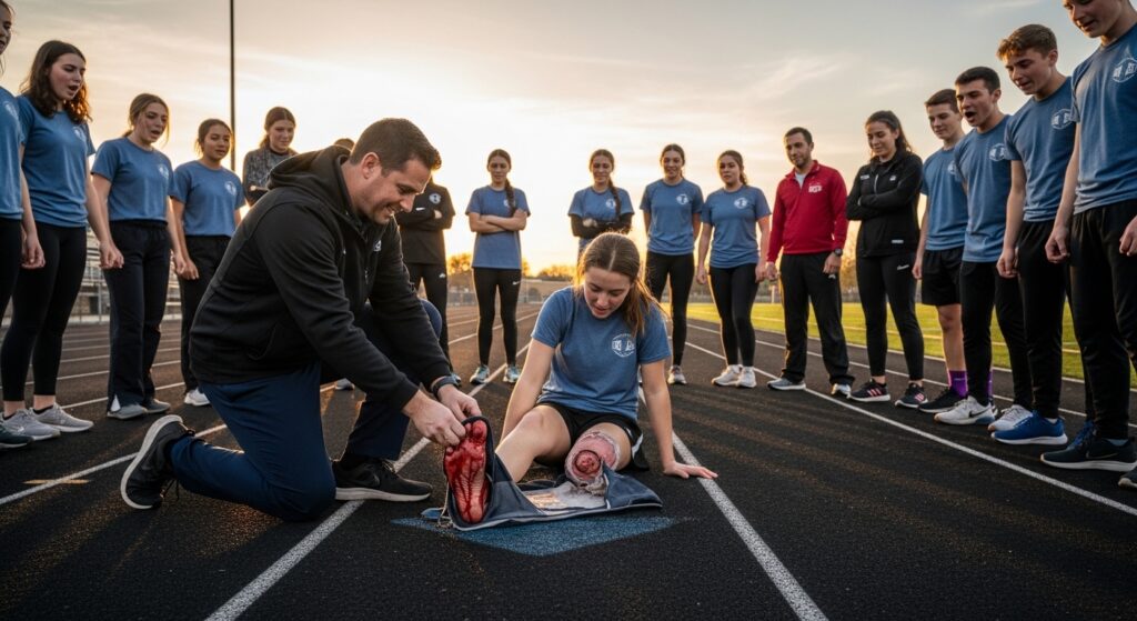 She dragged her bleeding leg across the high school track, forcing a smile and swearing to the coach it was just a tiny blister. But when the skeptical PE teacher pinned the fifteen-year-old down and forcefully ripped off her tattered sneaker, the gruesome, heartbreaking secret hidden inside made the entire football field fall dead silent in pure, nauseating horror.