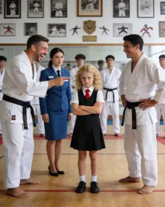 He Mocked the Janitor’s 13-Year-Old Daughter in Front of the Entire Dojo — But When the Black Belt Threw the First Kick, Her One Lightning-Fast Strike Dropped Him to His Knees and Exposed a Secret Legacy No One Saw Coming