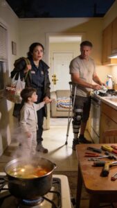 I took in a homeless man with a leg brace for one night because my son couldn’t stop staring at him in the cold. I left for work the next morning expecting him to be gone by evening. When I came back exhausted, my apartment didn’t look the same—clean counters, trash out, the door fixed, food simmering on the stove. The surprise wasn’t magic. It was proof he’d been useful long before he was homeless.