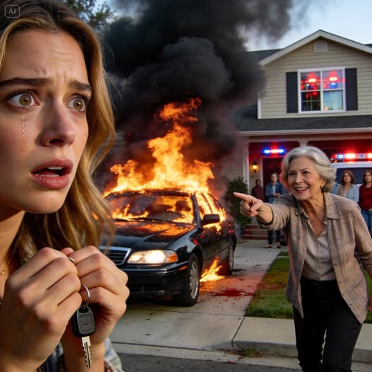 My stepmother set my car on fire when i refused to give it to my stepsister, laughed at me, and said, “If you can’t give this car to my daughter, it can’t be yours either.” I remained silent and left the house with my belongings because i knew that there would explode a bomb in the house now, because that car was actually…