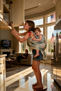 “I’m Okay… I Can Do It”: The Day a Father Followed a Whispered Phone Call Home and Discovered His Eight-Year-Old Daughter Standing on a Kitchen Stool Carrying Her Sleeping Sister on Her Back, Silently Holding Together a Family He Didn’t Realize Was Already Breaking