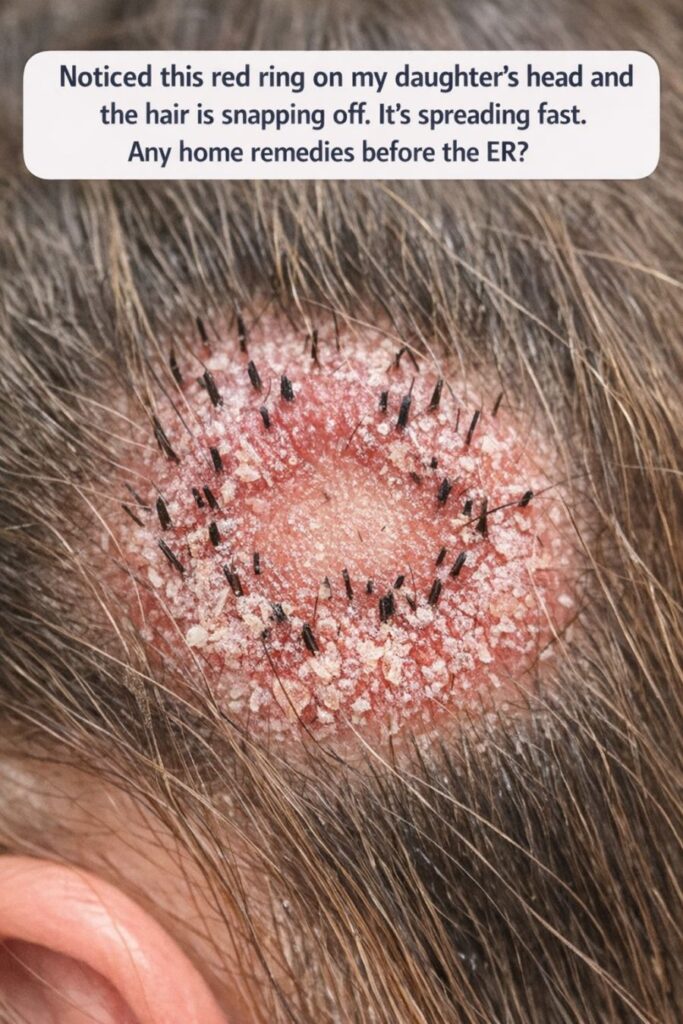 Noticed this red ring on my daughter’s head and the hair is snapping off. It’s spreading fast. Any home remedies before the ER?