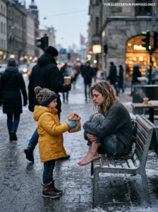 A Barefoot Homeless Woman Sat In The Snow — Until A Child Approached And Said, “You Need A Home, And I Need A Mom”