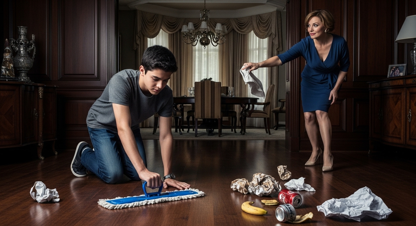 MY STEPMOM TREATED ME LIKE A HUMAN MOP, THROWING TRASH WHILE I SCRUBBED HER FLOORS — UNTIL MY “MISSING” CEO DAD WALKED IN EARLY, DROPPED A TUX IN MY HAND, AND FLIPPED HER WORLD UPSIDE DOWN