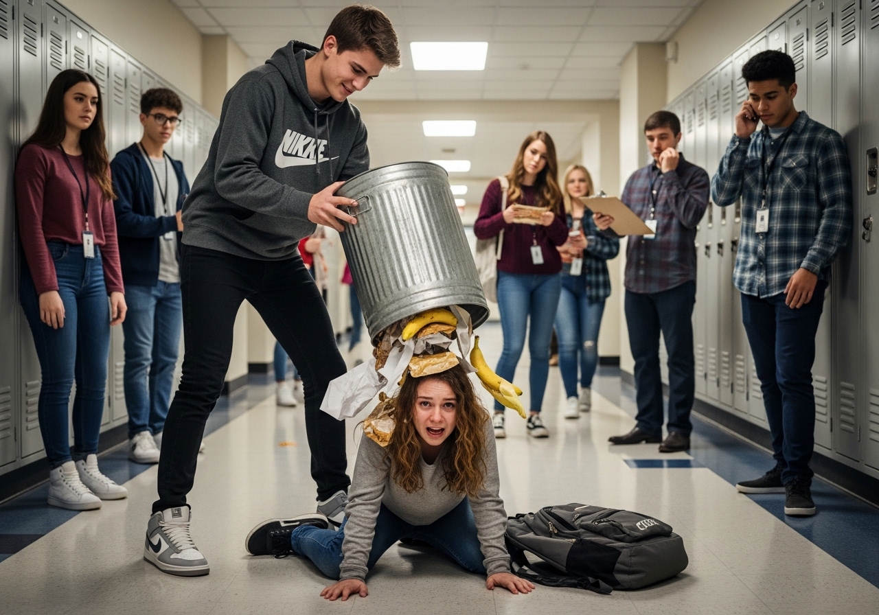 “Leave it.” Corrupt staff watched a rich brat dump a trash can over the poor scholarship girl’s head… then her BIKER club blocked all the exits.