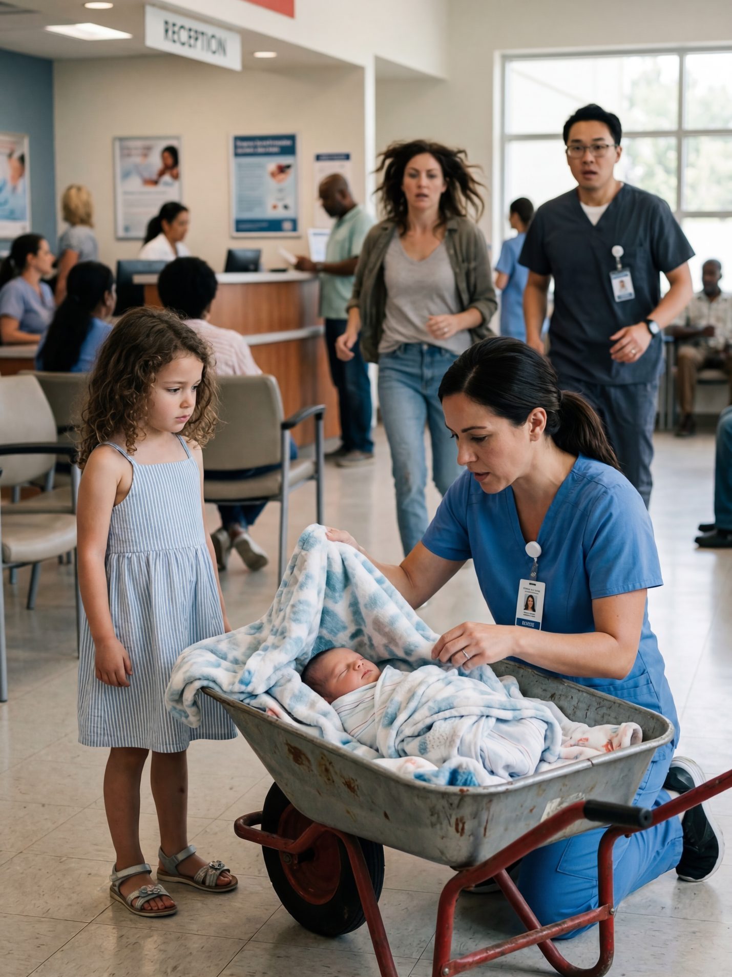 Doctors Assumed the Squeaking Sound in the Lobby Came from a Faulty Cart — Then a Barefoot Girl Dragged in a Rusted Wheelbarrow Whispering “My Brothers Won’t Wake Up,” and the ER Froze When They Saw What Was Inside