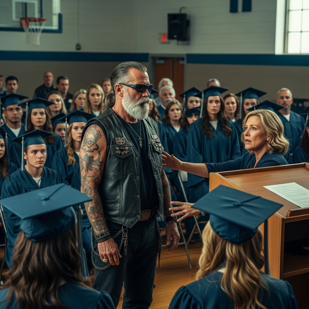 The Graduation Ceremony Stopped When a Biker Walked Onto the Stage — No One Expected the Reason