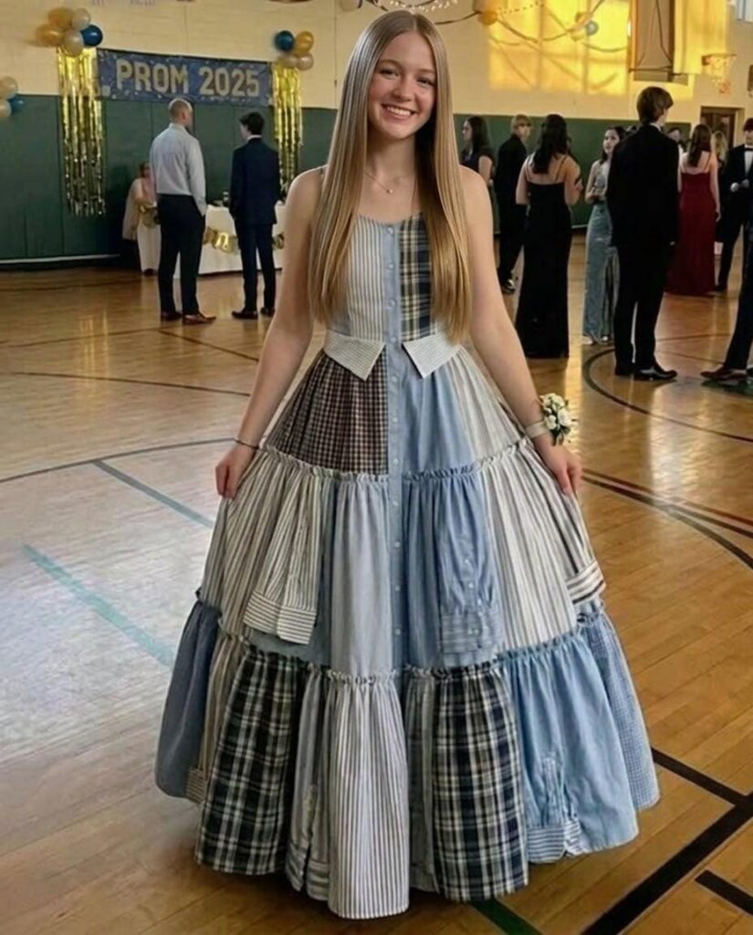 I Sewed a Dress From My Father’s Shirts for Prom in His Honor – My Classmates Laughed Until the Principal Took the Mic and the Room Fell Silent