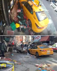On a typical afternoon in New York City, the sidewalk outside a small neighborhood bodega looked like any other moment in the nonstop rhythm of the city. People passing by. Cars rolling through the street. Nothing out of the ordinary—until everything changed in seconds. A runaway taxi suddenly veered off course and plowed toward the sidewalk, slamming into two women standing outside the shop. The terrifying moment was caught on camera, showing the cab hurtling forward before crashing into the curbside area as bystanders jumped back in shock. Witnesses say the scene turned chaotic instantly. The women were knocked down as the vehicle barreled through the spot where they had been standing just moments earlier. Gasps and shouts filled the street as people rushed toward the scene to see if they were okay. Emergency responders quickly arrived while stunned onlookers replayed the footage that captured the heart-pounding crash. Authorities are now investigating what caused the taxi to lose control. One normal city moment… shattered by the roar of a taxi that wouldn’t stop. 🚕💥