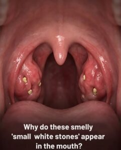 Why do small, smelly, white pebbles appear in the mouth?