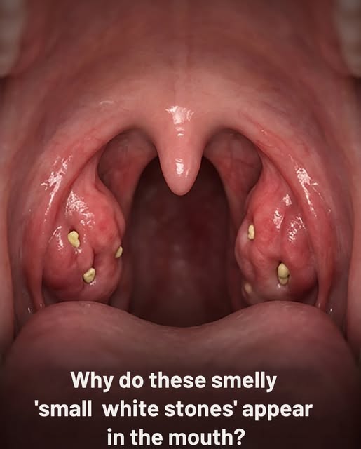 Why do small, smelly, white pebbles appear in the mouth?