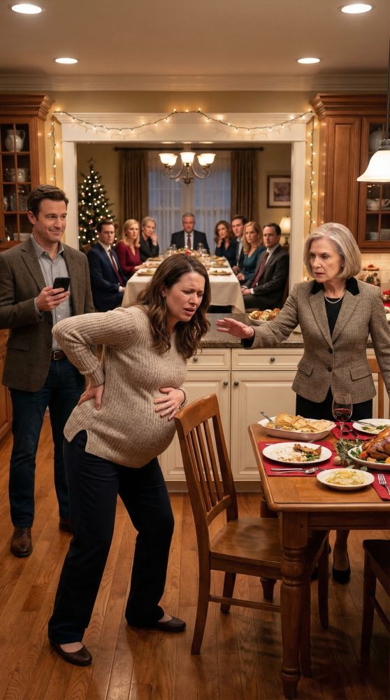 I never told my in-laws that I am Chief Justice’s daughter. When I was 7 months preg/nant, they forced me to cook the entire Christmas dinner alone. My mother-in-law even made me eat standing in the kitchen, claiming it was “good for the baby.” When I tried to sit down, she shoved me so violently that I began to miscarry. I reached for my phone to call the police, but my husband snatched it away and sneered, “I’m a lawyer. You won’t win.” I looked straight into his eyes and said calmly, “Then call my father.” He laughed as he dialed—completely unaware his legal career was about to end.