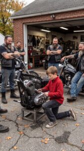 A Ten-Year-Old Foster Boy Walked Alone to the Gate of a Feared Motorcycle Club Carrying Nothing but a Question About His Future — Unaware That a Quiet Mechanic Would Hand Him a Rusted Lawn Mower That Would Change the Direction of His Life