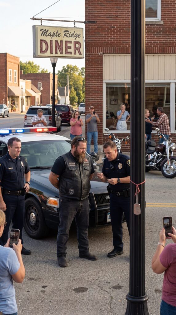 A Silent Biker Was Handcuffed in Front of a Small-Town Diner While Phones Came Out and the Crowd Judged Him Without Knowing His Story — But When the Officer Saw the Old Patch on His Vest, the Entire Street Suddenly Fell Quiet