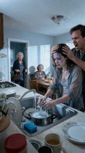 I visited my daughter without notice and was stunned! Her mother-in-law and husband were sitting and eating while she was washing dishes, shivering from the cold. Her husband snatched the plate from his mother’s hands and yelled, “Stop washing dishes, bring more food!” I quietly made a phone call. Five minutes later, everything had changed and…