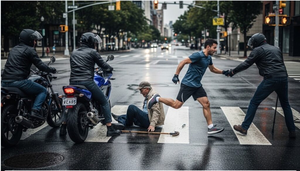 “Too slow?” the spandex runner mocked a fallen grandpa in the crosswalk… then the intersection filled with denim and leather.