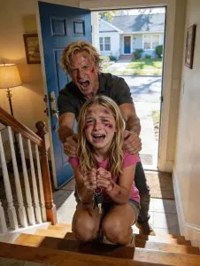 My Wife Had Just Left for the Grocery Store When My 7-Year-Old Daughter Whispered, “Dad… We Need to Leave. Right Now.” I laughed at first. “Why?” She pointed toward the upstairs hallway, her hands shaking. “We don’t have time. We have to get out of this house now.” Ten minutes later I was driving to the police station with her in the back seat… and that’s when everything began to fall apart.