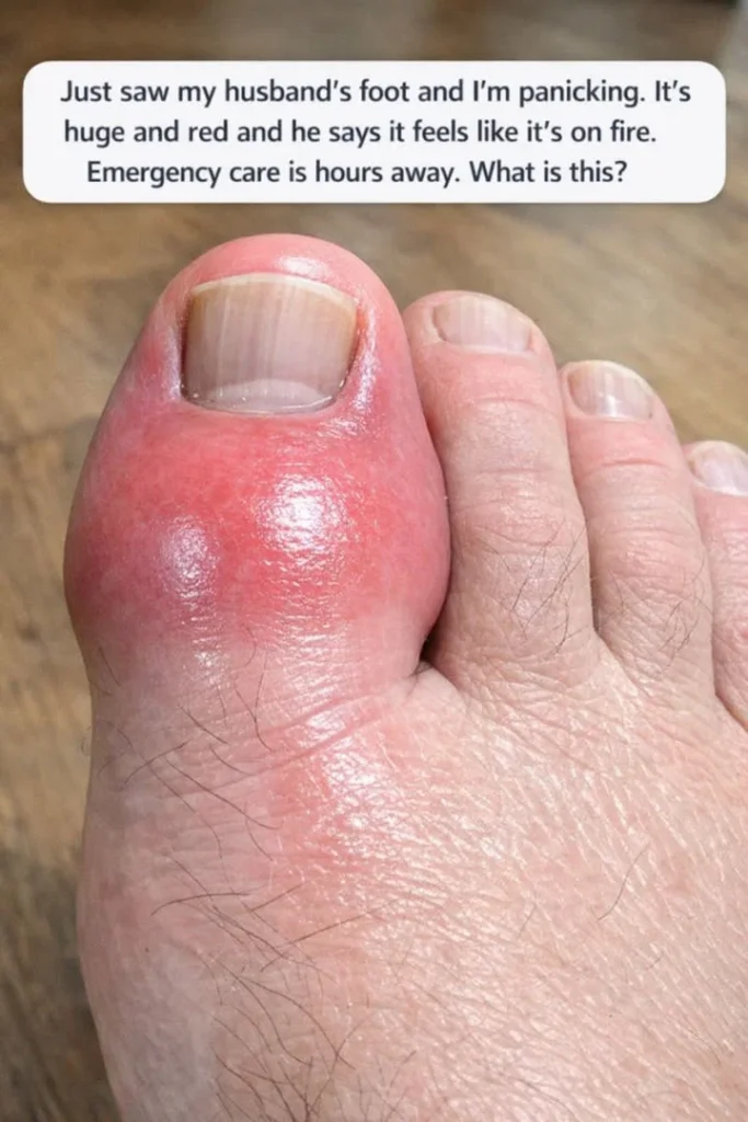 Just saw my husband’s foot and I’m panicking. It’s huge and red and he says it feels like it’s on fire. Emergency care is hours away. What is this?