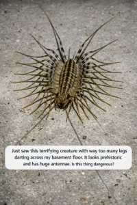 Just saw this terrifying creature with way too many legs darting across my basement floor. It looks prehistoric and has huge antennae. Is this thing dangerous?
