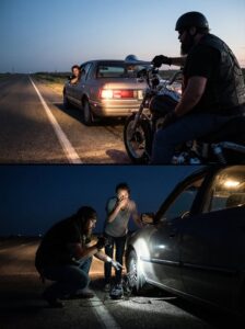 A Biker Wouldn’t Stop Honking Behind My Car on an Empty Road… Until I Pulled Over and Saw What He Was Pointing At