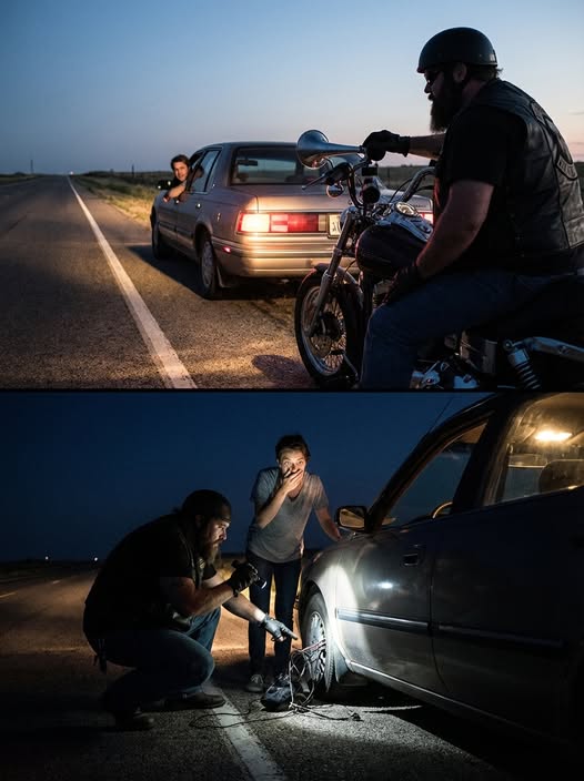 A Biker Wouldn’t Stop Honking Behind My Car on an Empty Road… Until I Pulled Over and Saw What He Was Pointing At