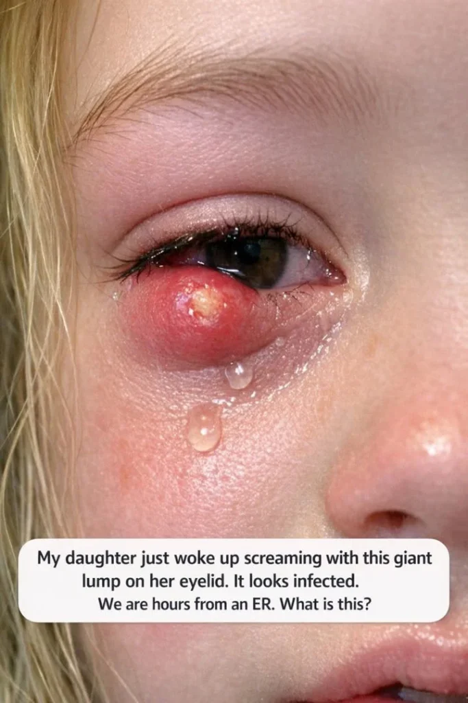 My daughter just woke up screaming with this giant lump on her eyelid. It looks infected. We are hours from an ER. What is this?