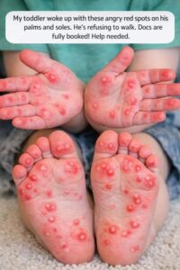 My toddler woke up with these angry red spots on his palms and soles. He’s refusing to walk. Docs are fully booked! Help needed.