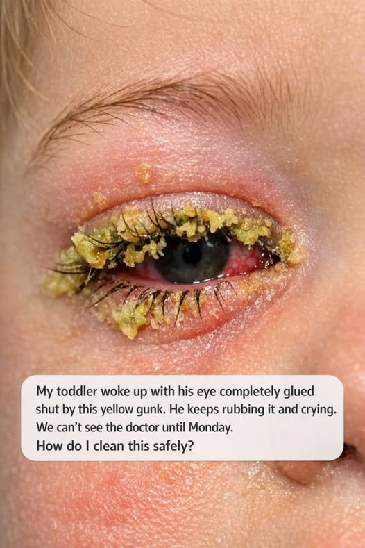 My toddler woke up with his eye completely glued shut by this yellow gunk. He keeps rubbing it and crying. We can’t see the doctor until Monday. How do I clean this safely?