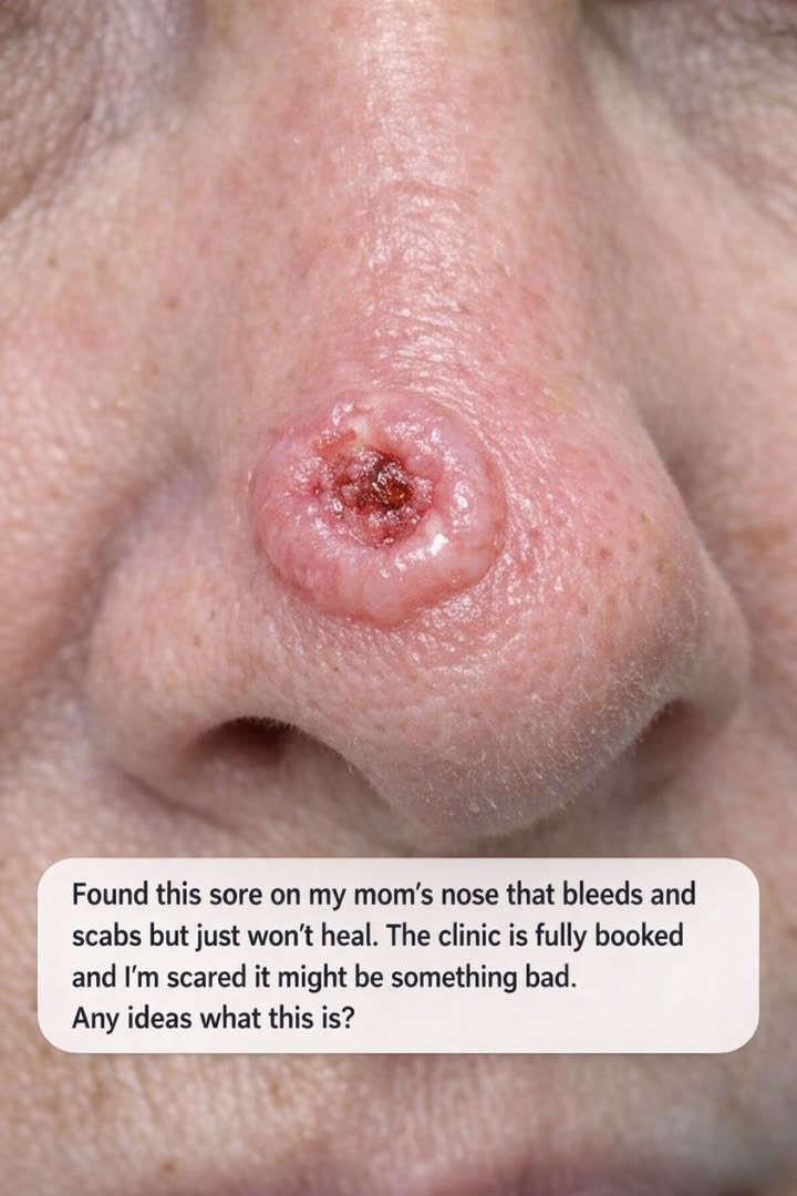 Found this sore on my mom’s nose that bleeds and scabs but just won’t heal. The clinic is fully booked and I’m scared it might be something bad. Any ideas what this is?