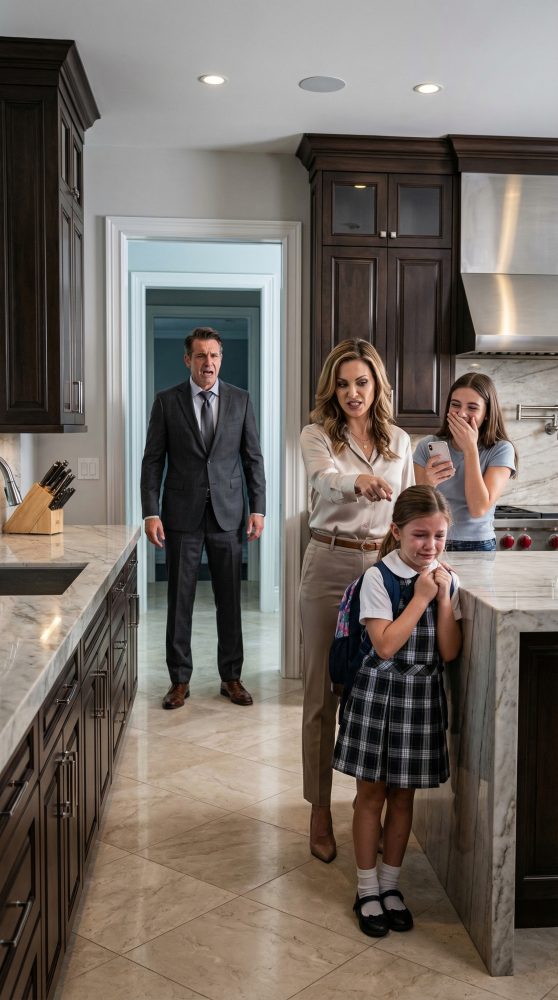 “I froze at the doorway as my wife sneered at my daughter, her words cutting deeper than any knife—while her own daughter stood beside her, laughing. ‘You’ll never belong in this family,’ she spat. My little girl’s trembling silence shattered something inside me. In that instant, I made a choice that would leave my wife begging through tears… but what she lost that night was only the beginning.”