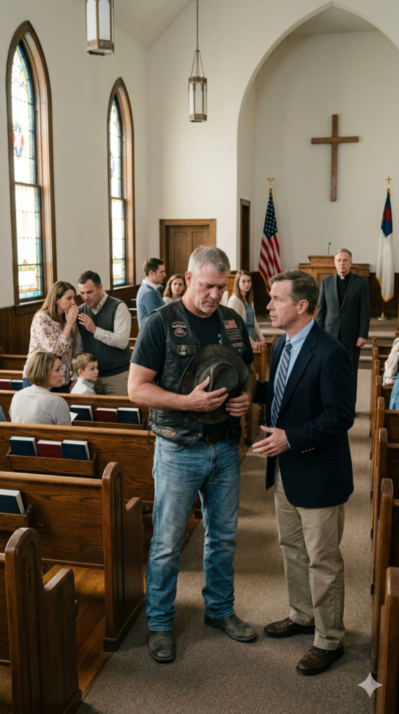 “Sir… You Need to Leave.” — A Biker Was Quietly Forced Out of a Church in Front of Everyone — Until One Name Made the Priest Freeze… and the Truth No One Expected Began to Unfold