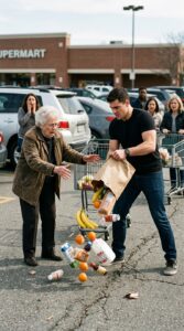 In a supermarket parking lot, a young man snatched a bag of groceries from an elderly woman’s hands, dumped it on the ground, and then