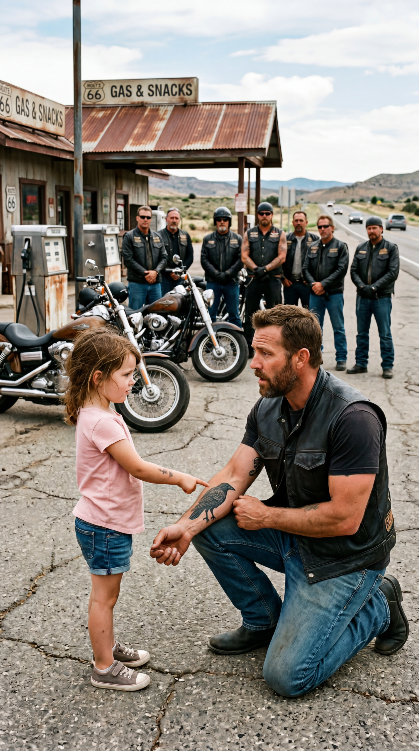 A Quiet Little Girl Walked Into a Diner and Pointed at a Biker’s Tattoo, Whispering “My Dad Had This Too…” — Until the Name She Spoke Made Every Man at the Table Realize the One They Lost Had Just Sent Her Back to Them