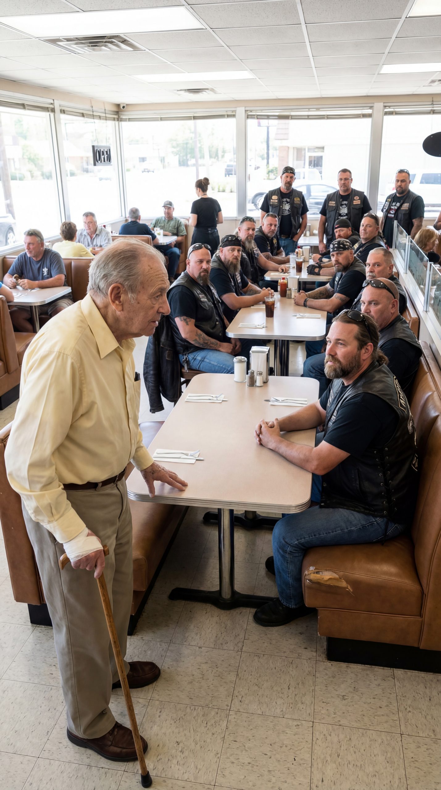 A 77-Year-Old Grandfather Called “Confused” Wandered Into a Diner Asking Strangers for a Seat — Unaware That the Only Biker Who Didn’t Turn Away Would Notice the Signs on His Wrists and Unravel a Carefully Hidden Story Behind Closed Doors