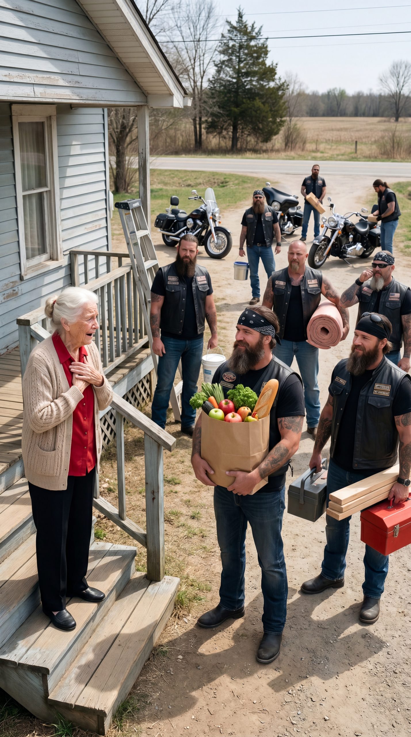 While Her Roof Leaked, Her Walls Cracked, and No One Came to Visit, the Elderly Woman Struggled Alone… “You Saved Me… I Didn’t Forget.” — The Words Echoed as a Biker Returned, and an Old Debt Was Repaid in a Way No One Expected