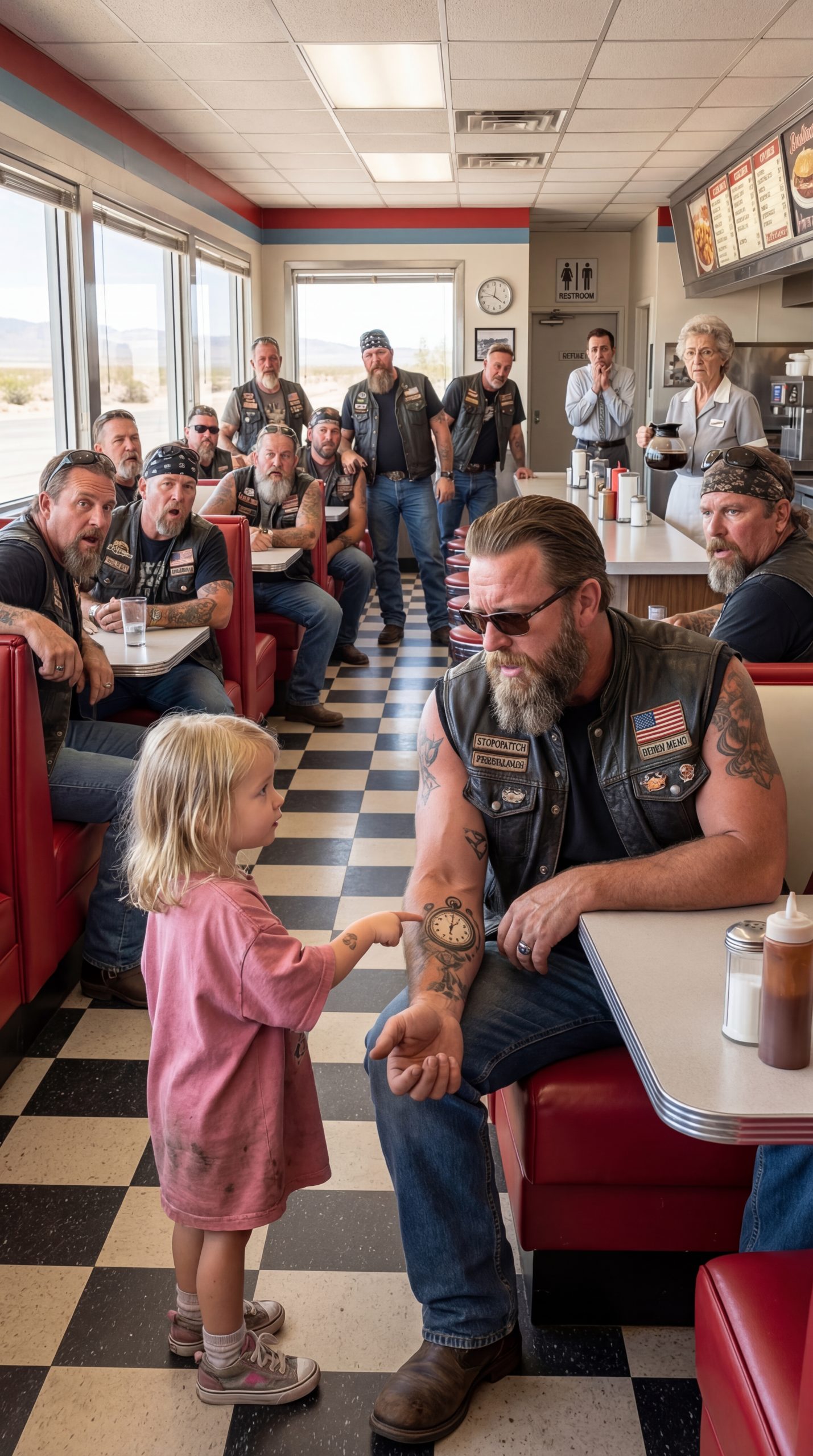A Six-Year-Old Girl Walked Across a Quiet Arizona Roadside Diner and Pointed at the Tattoo on a Silent Biker’s Arm — Unaware That Her Innocent Words Would Reveal the Missing Sister He Had Spent Years Searching For