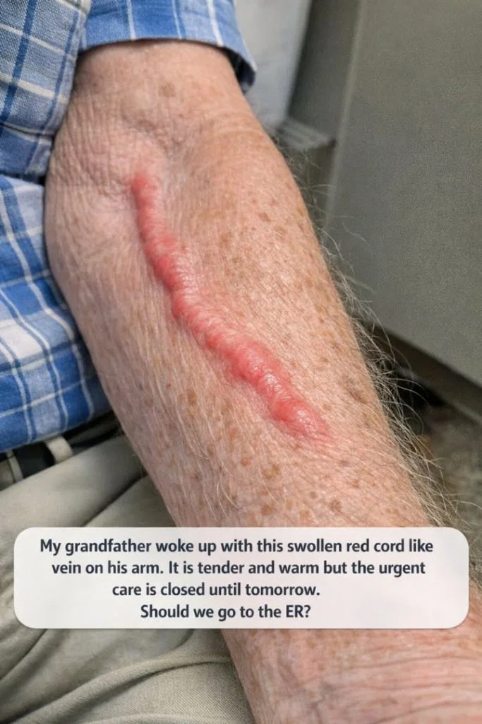 My grandfather woke up with this swollen red cord like vein on his arm. It is tender and warm but the urgent care is closed until tomorrow. Should we go to the ER?