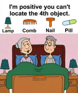 Find Lamp, Comb, Nail, Pill.