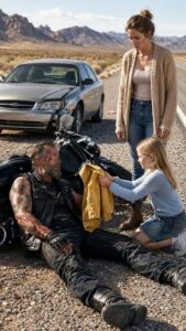 People Thought the Injured Biker Would Be Left Alone on That Empty Nevada Highway — But One Little Girl’s Kindness Started Something Nobody Could Have Imagined