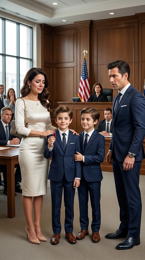 Millionaire Father Thought He Had Already Won Custody of His Twin Boys in Court and Couldn’t Stop Smiling — Until His 9-Year-Old Son Pulled Out a USB That Wiped the Smile Off His Face