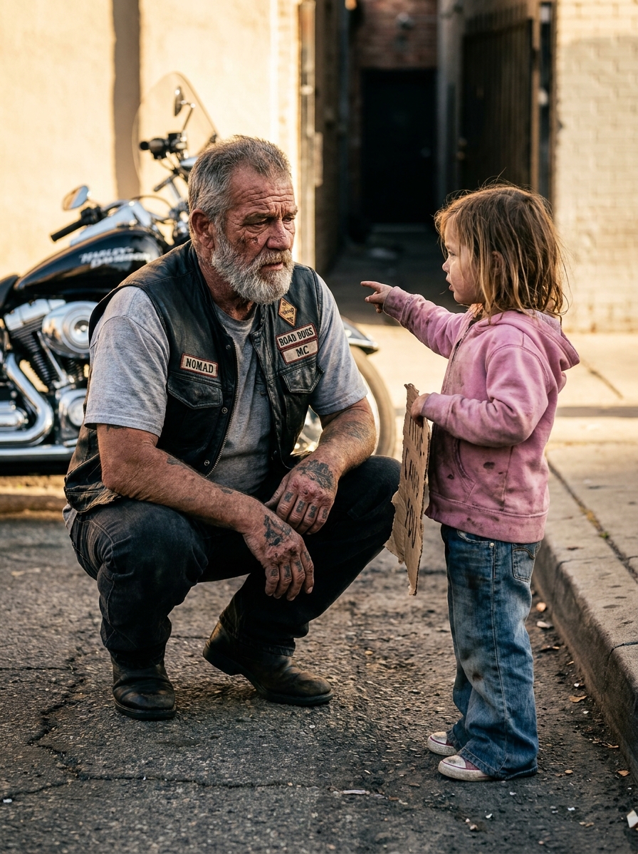 Part 2: A Biker Stopped for a 7-Year-Old Begging on a Corner — When He Asked Where Her Mom Was, She Pointed to the Alley