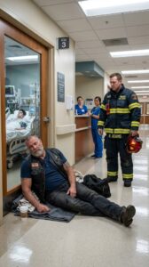 Biker Slept Outside His Son’s ICU Room for Nearly a Week — Until the Firefighter Who Saved the Boy Quietly Recognized the Man on the Floor